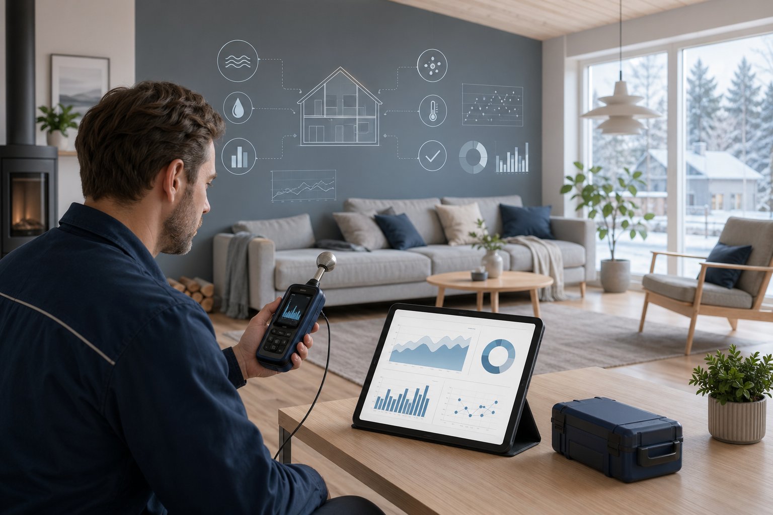 En person i ett modernt vardagsrum som håller en digital mätare och analyserar data på en surfplatta med diagram och ikoner i bakgrunden.