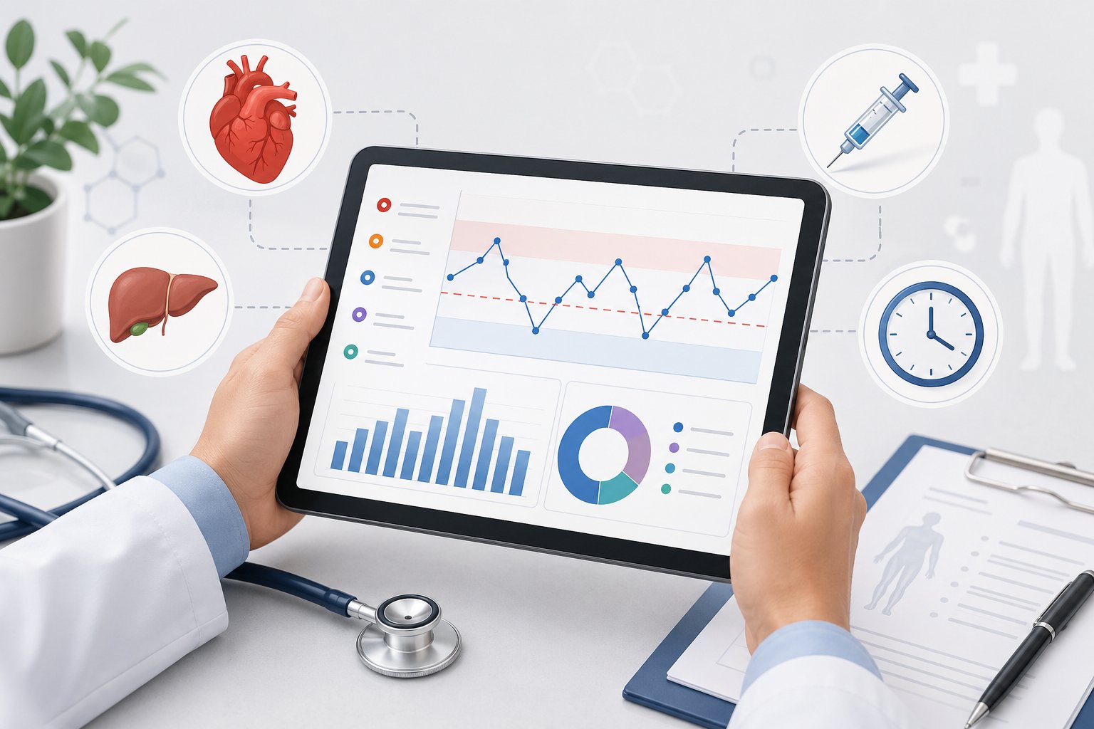 En person som granskar medicinska testresultat på en digital surfplatta med symboler för vanliga orsaker till förhöjda värden runt omkring.