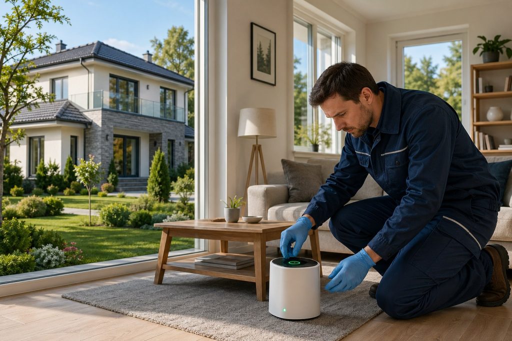 En villa där en tekniker mäter radon med en detektor inomhus.