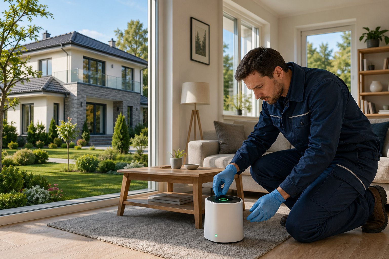 En villa där en tekniker mäter radon med en detektor inomhus.