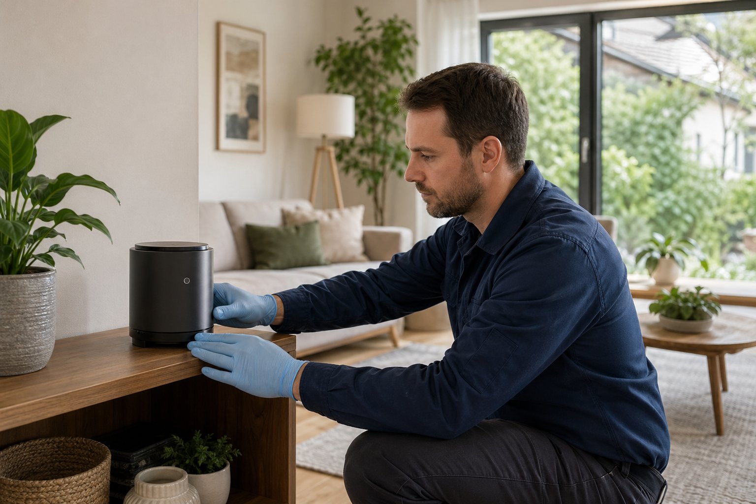 En tekniker installerar en radonmätare i ett vardagsrum i en villa.