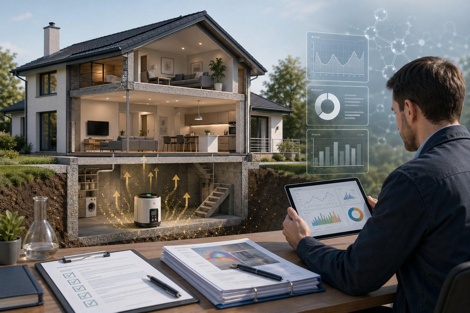 En villa där en tekniker analyserar radonmätningens resultat med en mätare inomhus och dokumentation på en surfplatta.