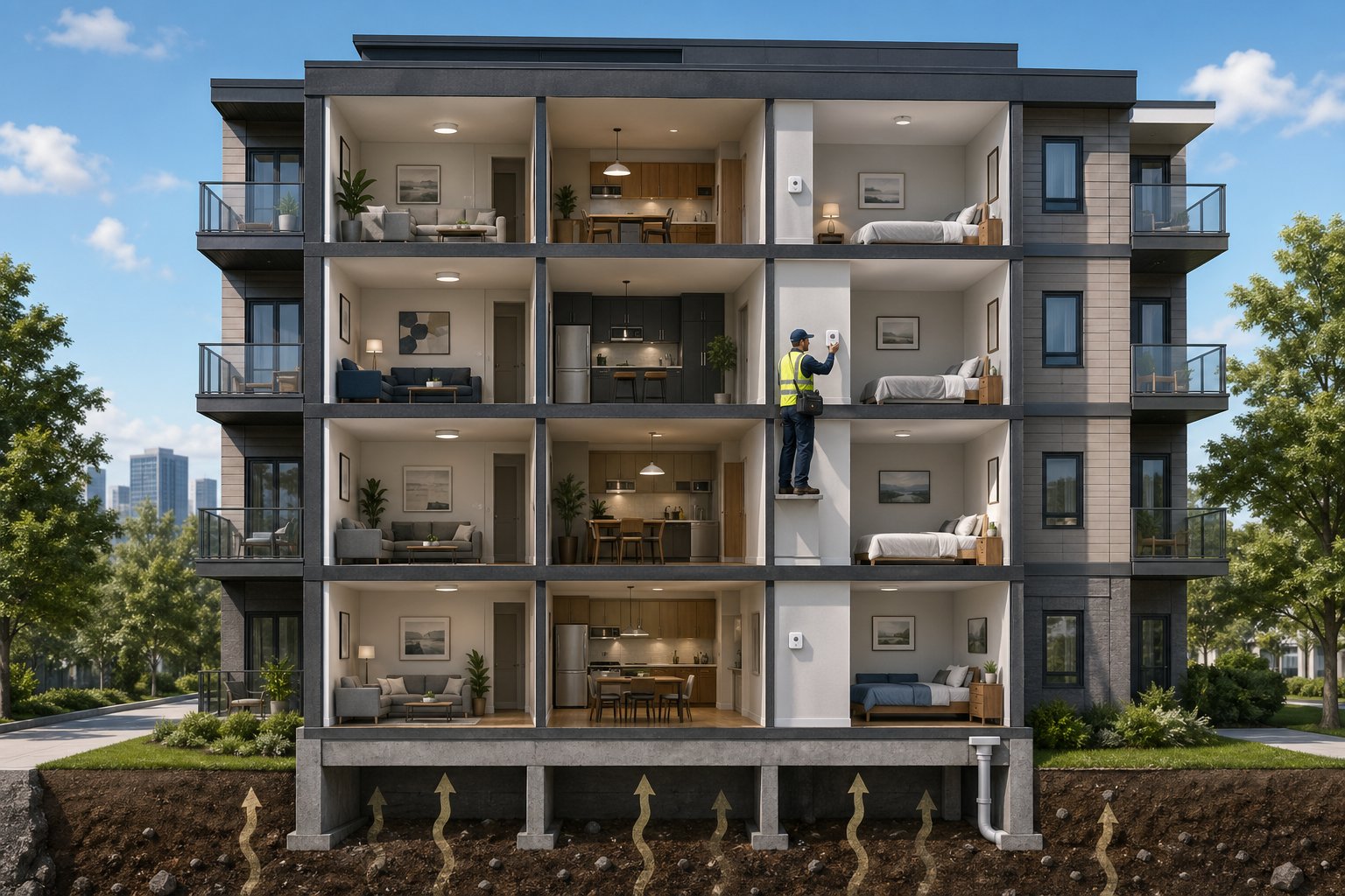 En tekniker placerar en radonmätare i en lägenhet i ett flerbostadshus med flera synliga lägenheter.