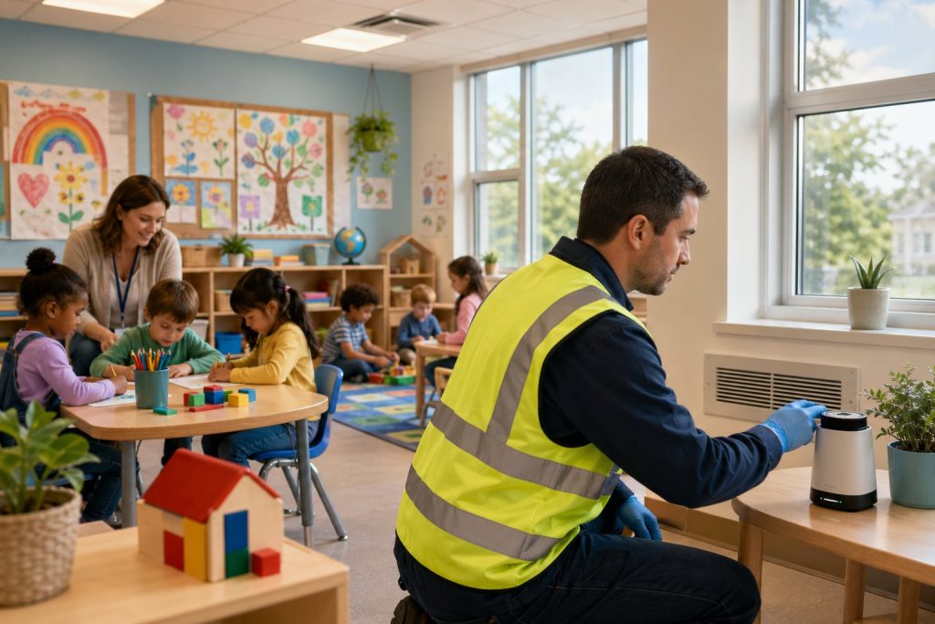 En tekniker mäter radon i ett klassrum med barn och en lärare närvarande.