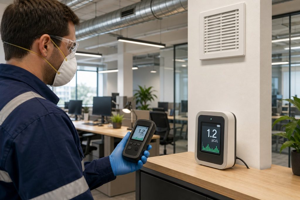 En tekniker mäter radon på en arbetsplats med en radondetektor i ett kontors- eller industrimiljö.