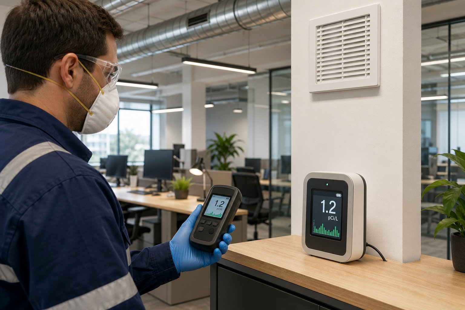 En tekniker mäter radon på en arbetsplats med en radondetektor i ett kontors- eller industrimiljö.