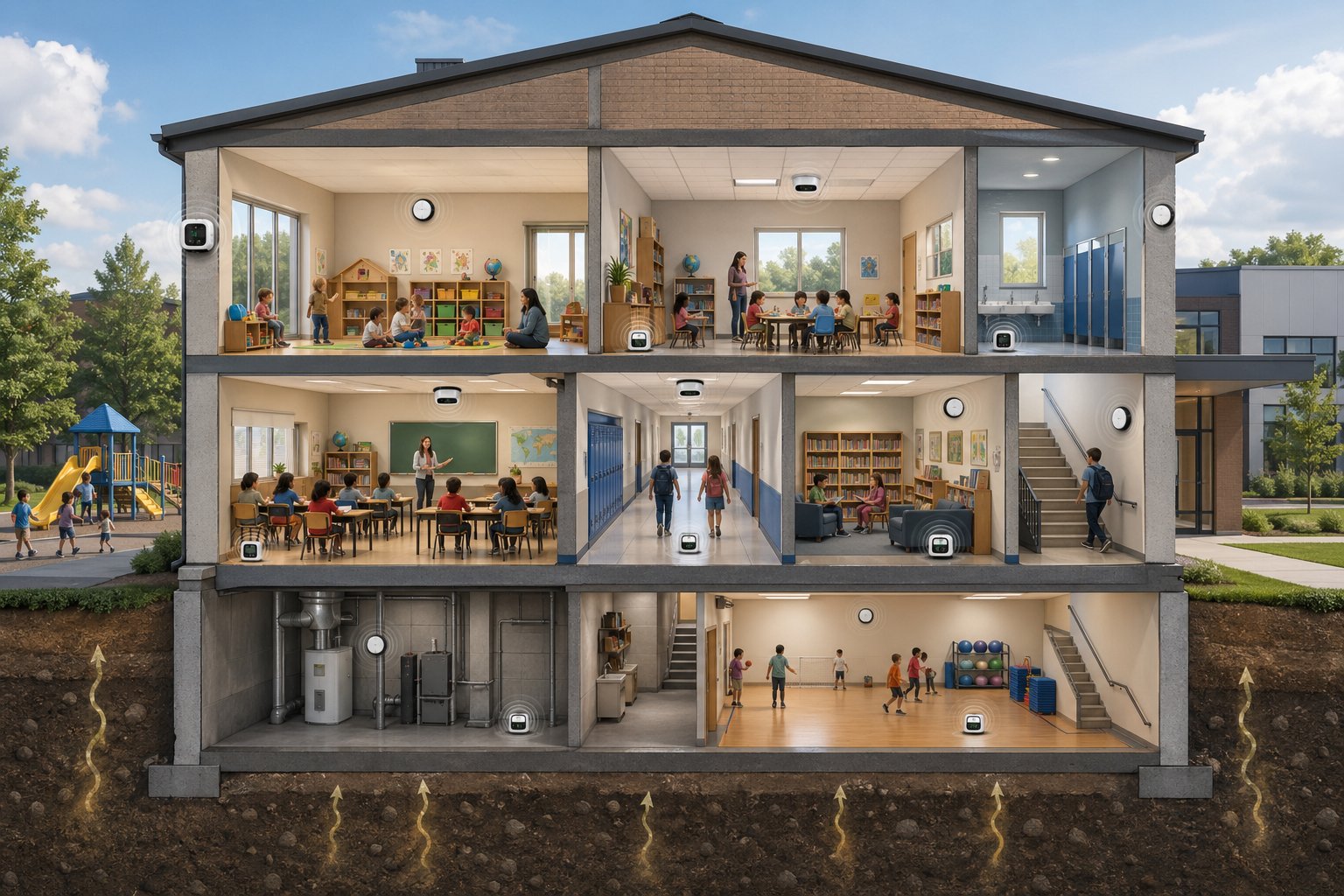 Interiör av förskola och skola med olika rum och flera små enheter som mäter radon placerade på olika platser.