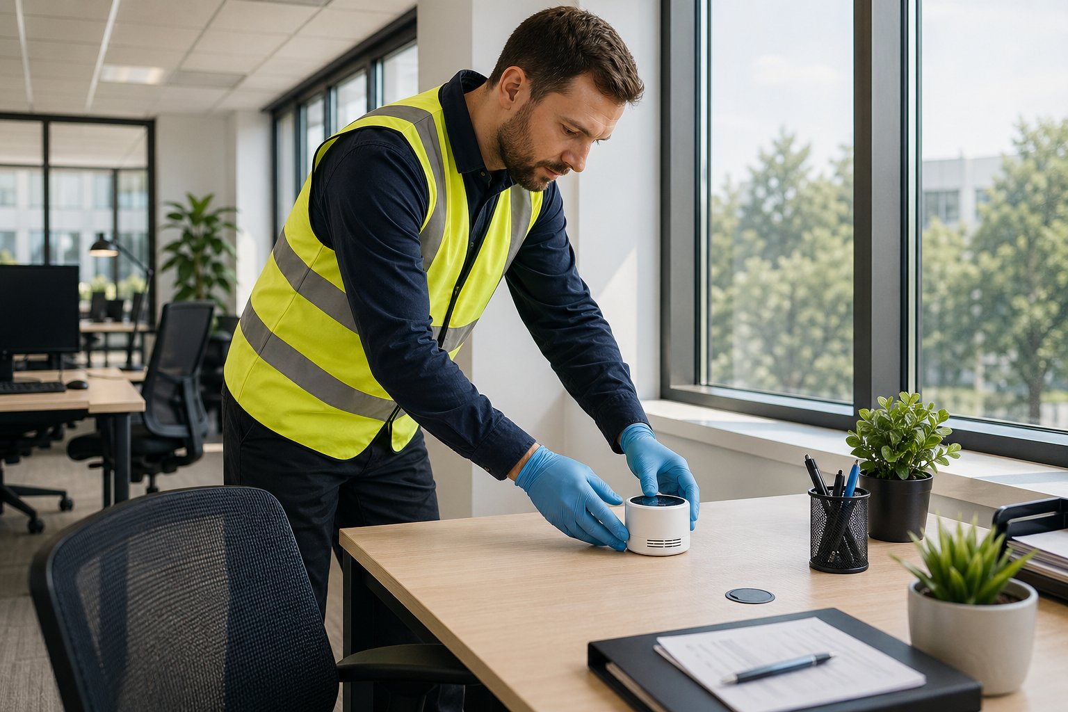 En tekniker placerar en radondetektor på ett skrivbord i ett modernt kontor.