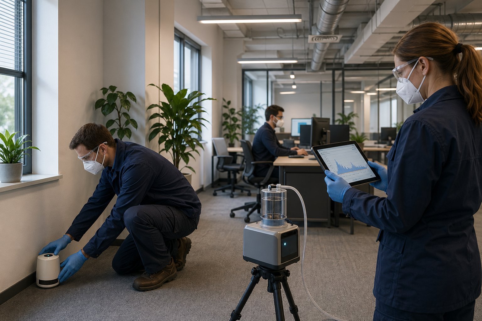 Arbetsplats där personer mäter radonhalter med utrustning och vidtar säkerhetsåtgärder.