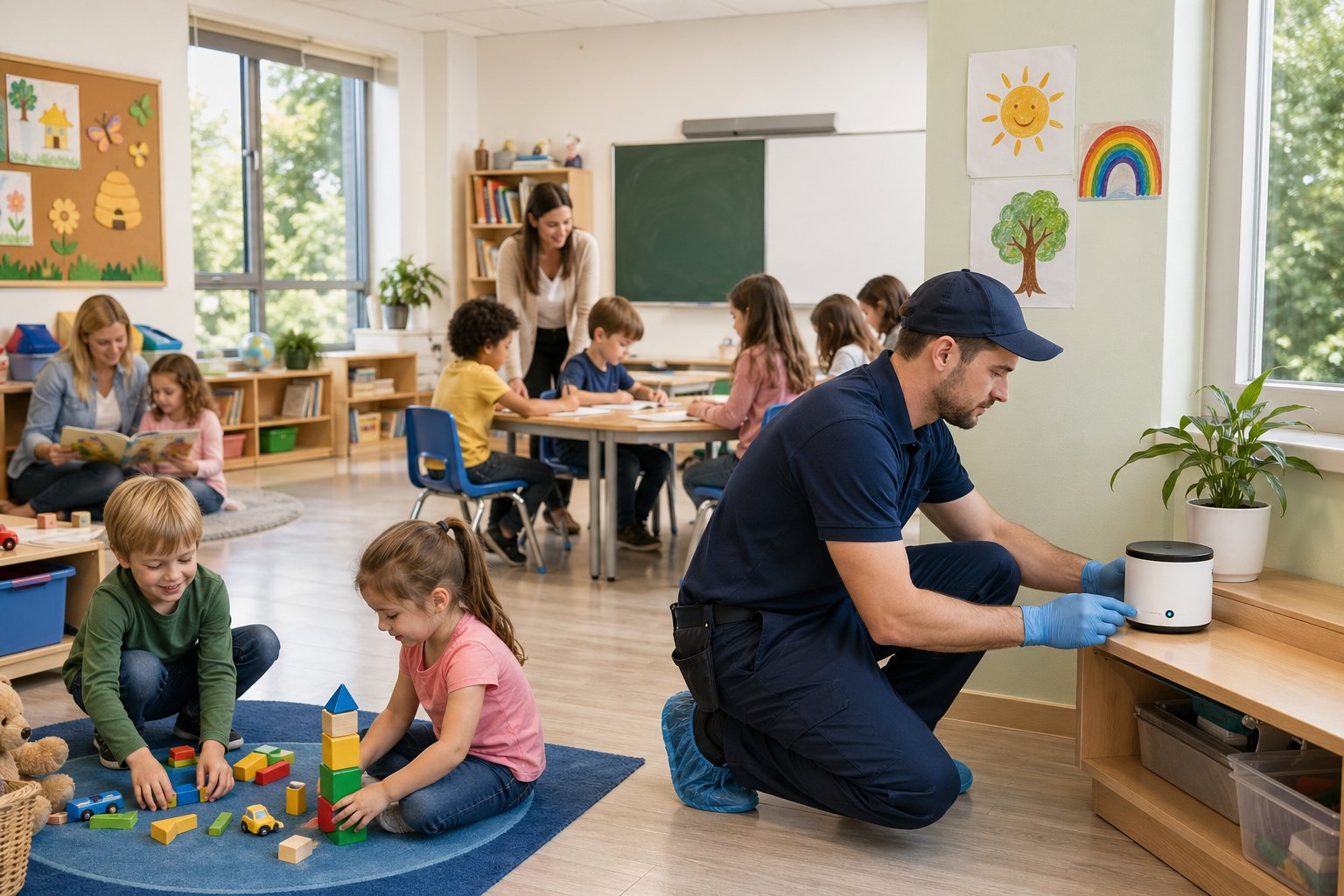 En tekniker installerar en radondetektor i ett klassrum där barn och lärare är närvarande.