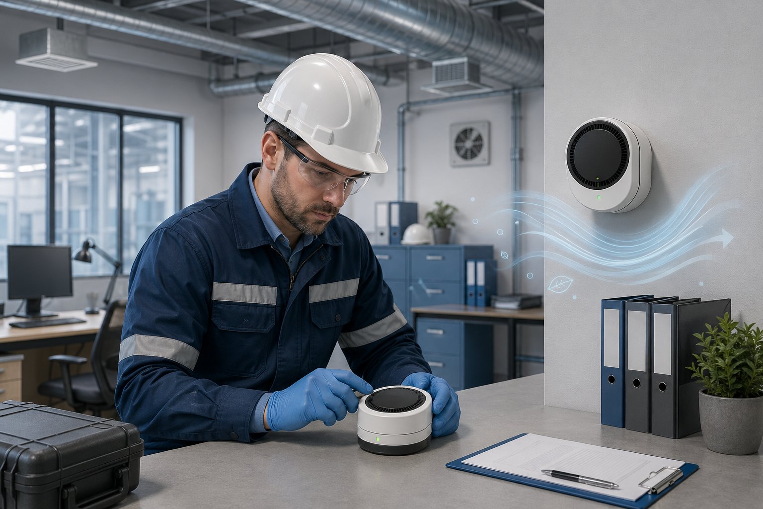 En arbetsplats där en tekniker kontrollerar en radonmätare i ett kontors- eller industrirum.