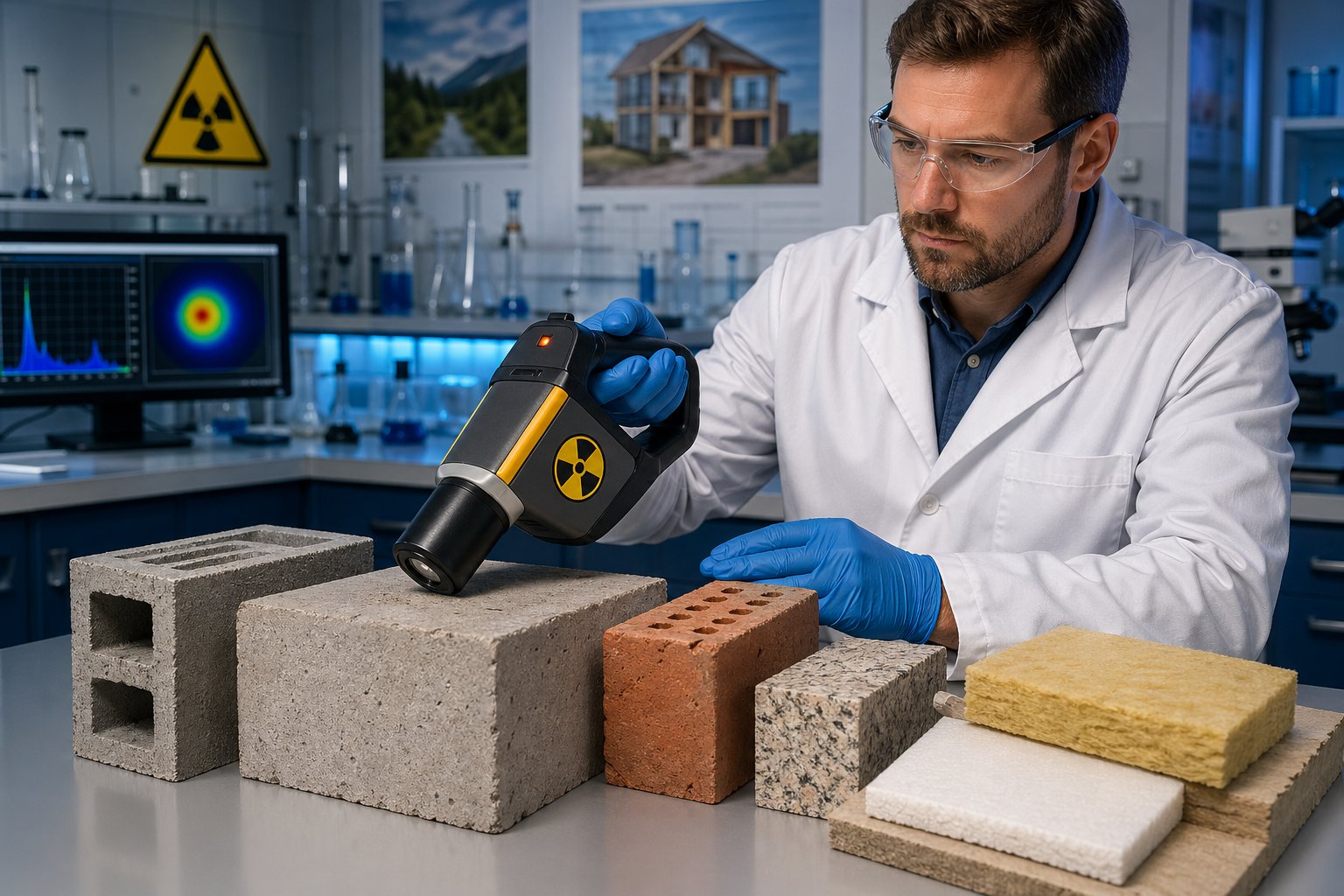 En tekniker mäter radonhalter i byggmaterial med en gammastrålningsmätare i ett laboratorium.