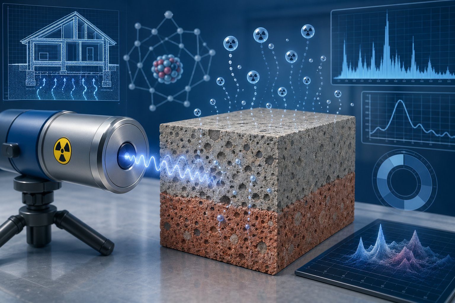 Illustration av mätning av radon i byggmaterial med en gamma-strålningsdetektor vid ett materialprov.