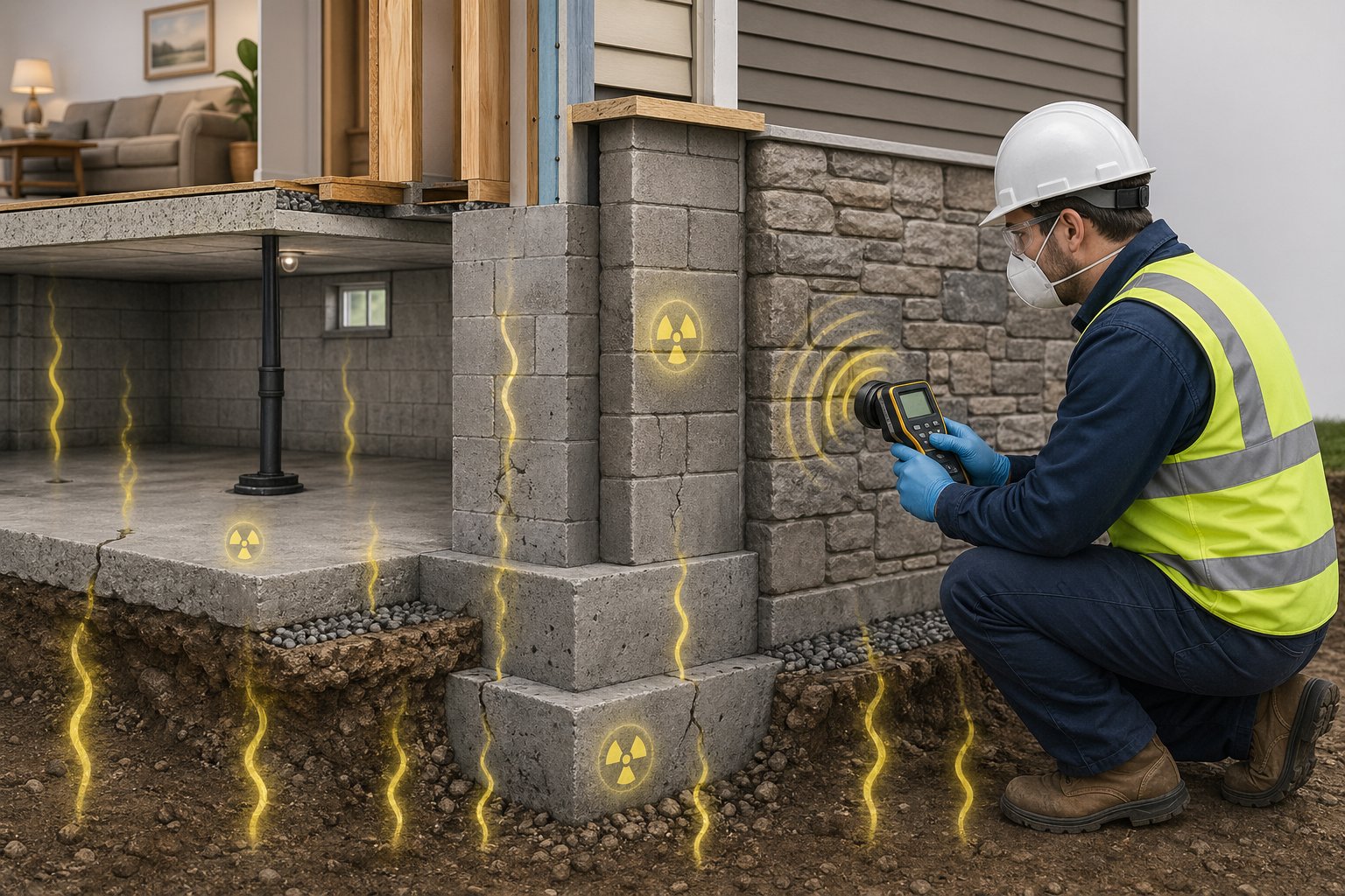 Tvärsnitt av ett hus som visar vanliga källor till radon i byggmaterial och en tekniker som mäter radon med en gammamätare.