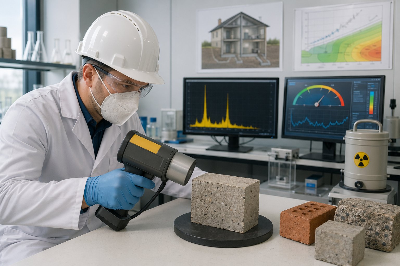 En tekniker mäter radon i byggmaterial med en gammamätare i ett laboratorium.