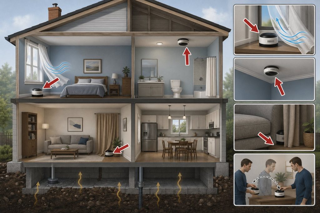 En illustration som visar vanliga fel vid radonmätning i ett hus, inklusive felaktig placering av detektorer och hinder som påverkar mätningen.