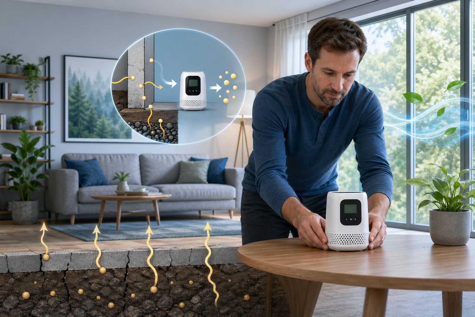 En person som placerar en radondetektor i ett vardagsrum nära ett fönster för att mäta radon hemma.