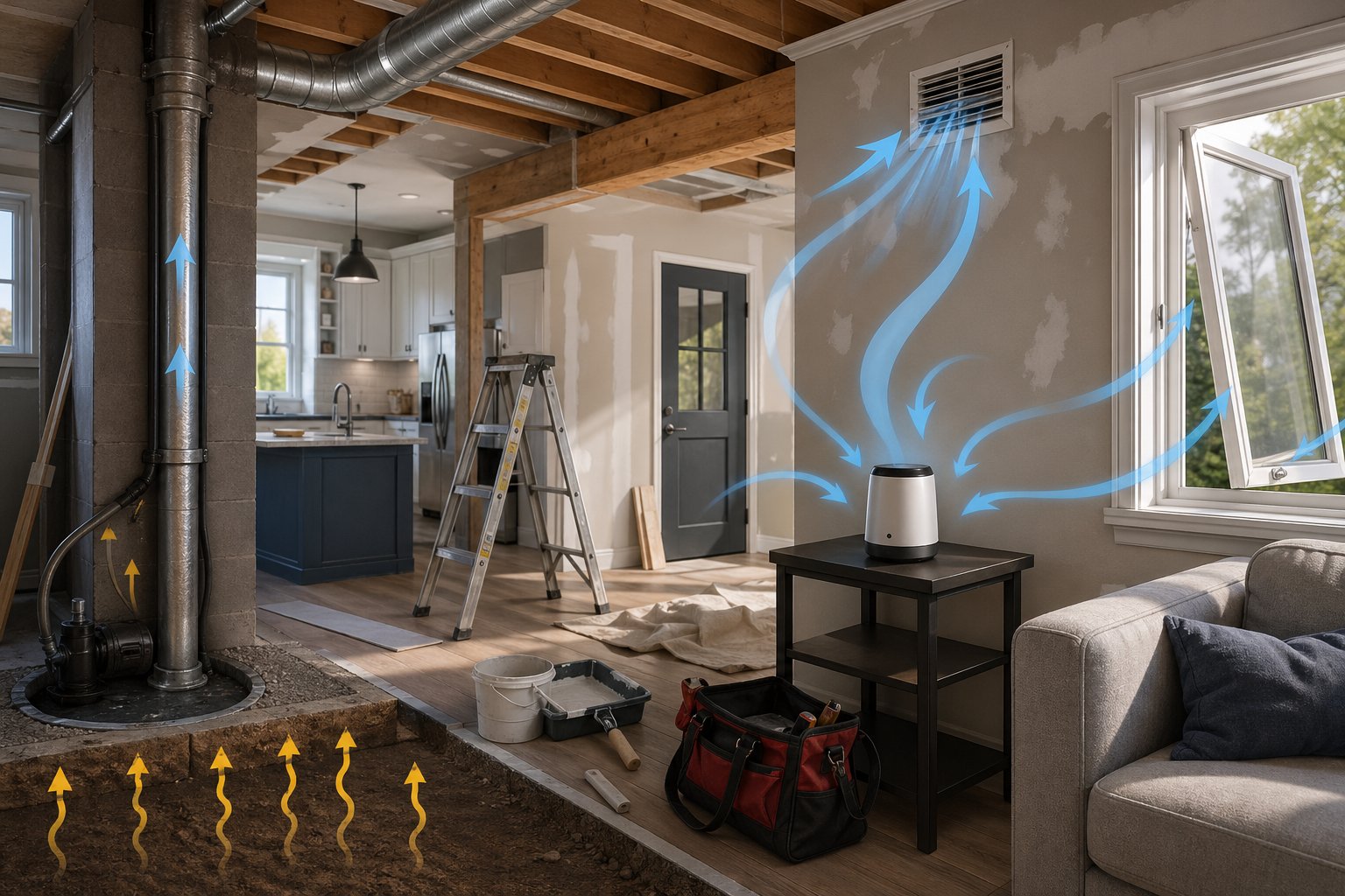 Ett hem efter renovering med ventilationskanaler och en felplacerad radonmätare som visar vanliga misstag vid radonmätning.
