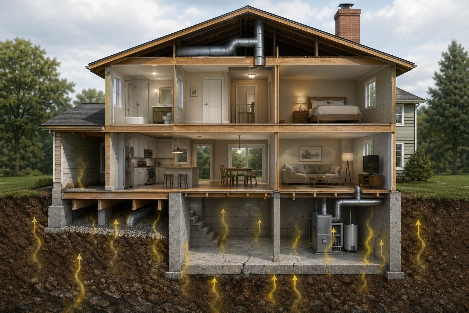 Tvärsnitt av ett hus som visar källor till radon i källare, mark under huset och ventilationskanaler.