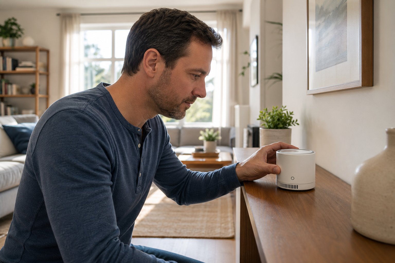 En person som mäter radon i ett vardagsrum med en radondetektor på ett bord.