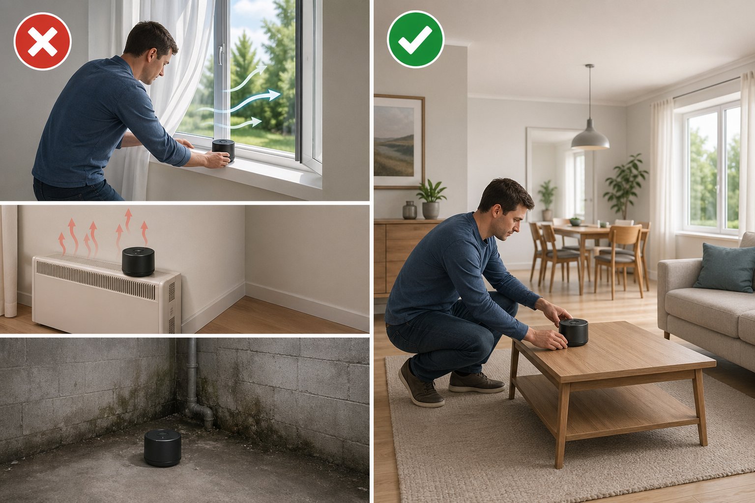 En person som placerar en radonmätare felaktigt i ett rum, bredvid en fönster och en värmekälla, med en jämförelse till korrekt placering i ett centralt, välventilerat utrymme.