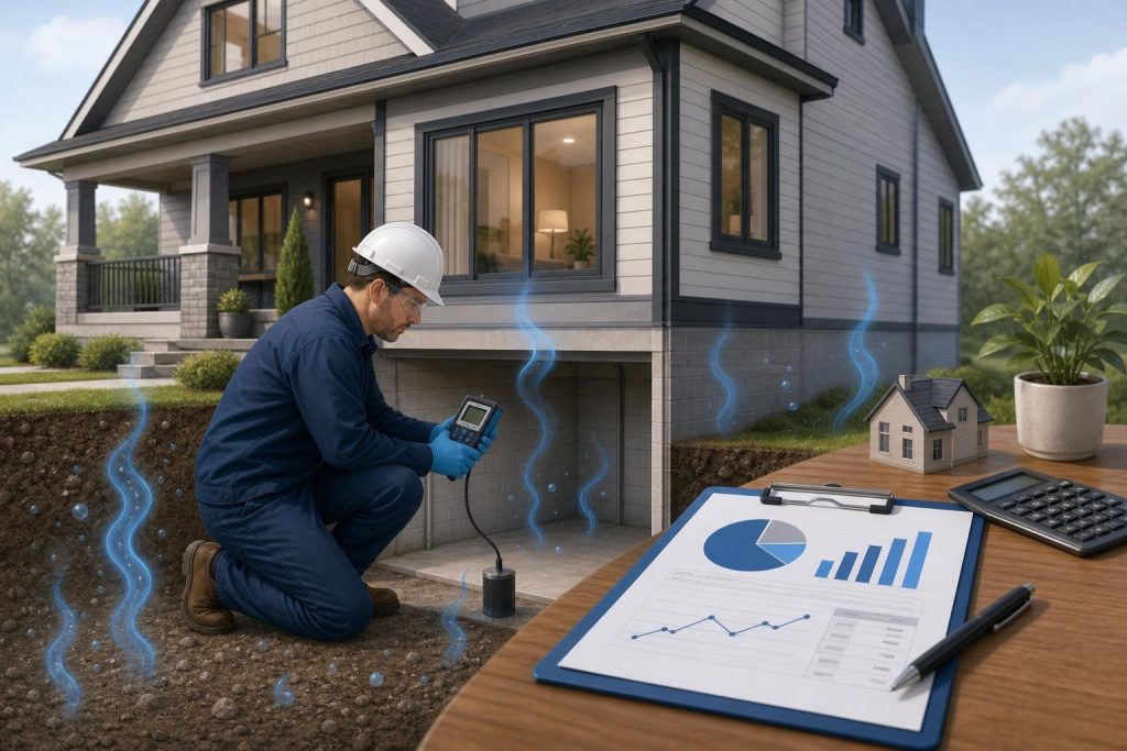 En tekniker mäter radon i källaren på ett modernt hus med en radondetektor.