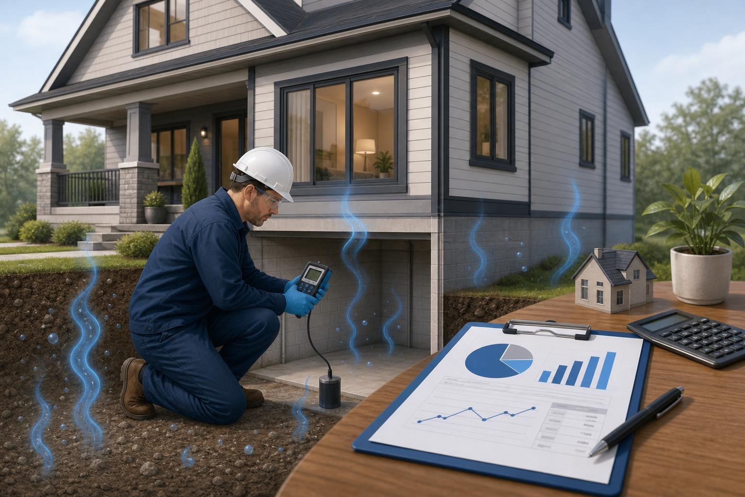 En tekniker mäter radon i källaren på ett modernt hus med en radondetektor.